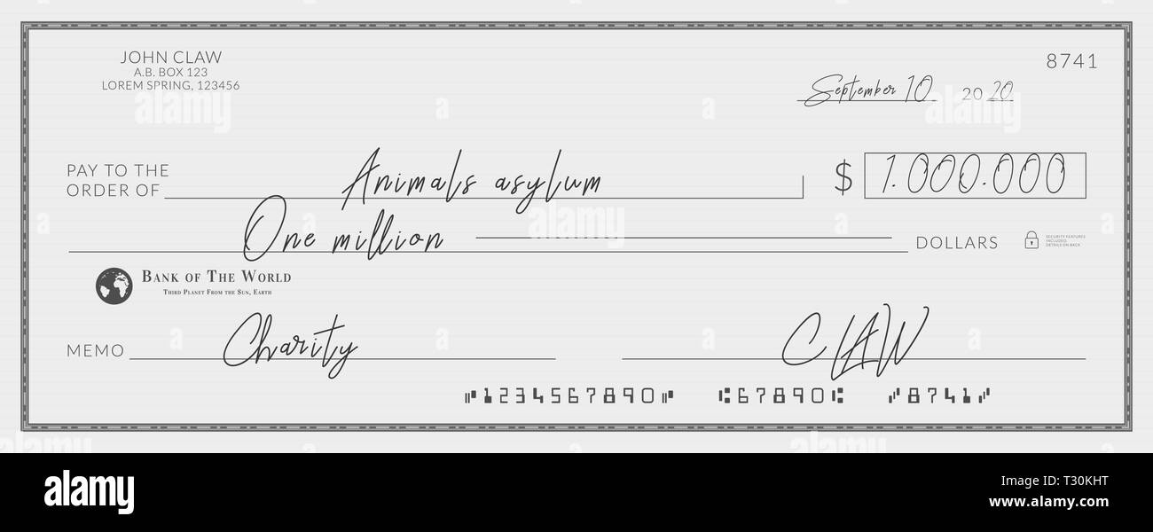 Bankscheck unterzeichnet für Nächstenliebe. Eine Million Dollar Spende für die Tiere Asyl Stock Vektor Bankscheck unterzeichnet für Nächstenliebe. Eine Million Dollar Spende für die Tiere Asyl Stock Vektor