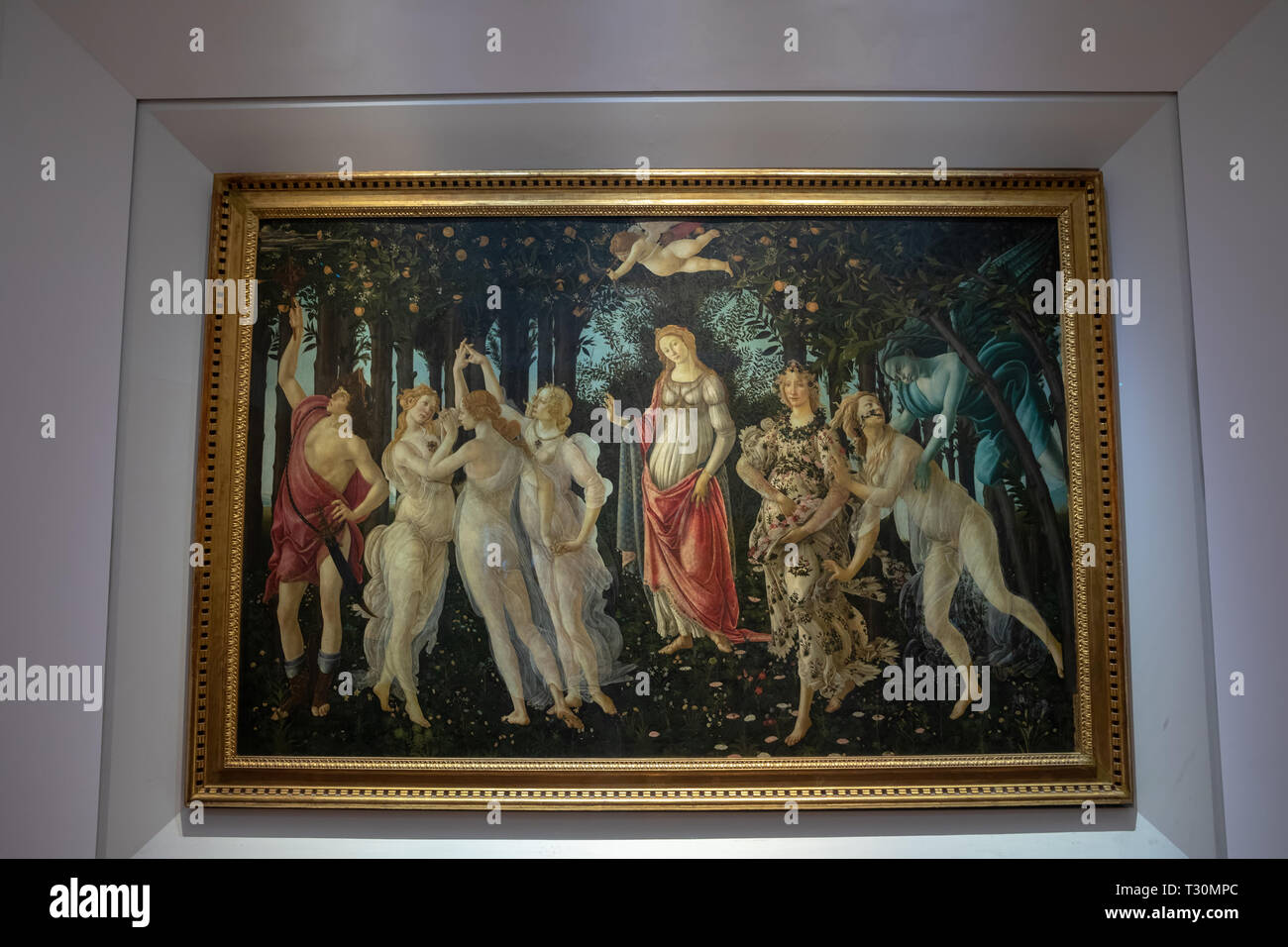 Florenz, Italien, 26. Juni 2018: Closeup Bild von Primavera (Frühling) ist Malen in tempera Farbe von dem italienischen Maler Sandro Botticelli in Halle o Stockfoto