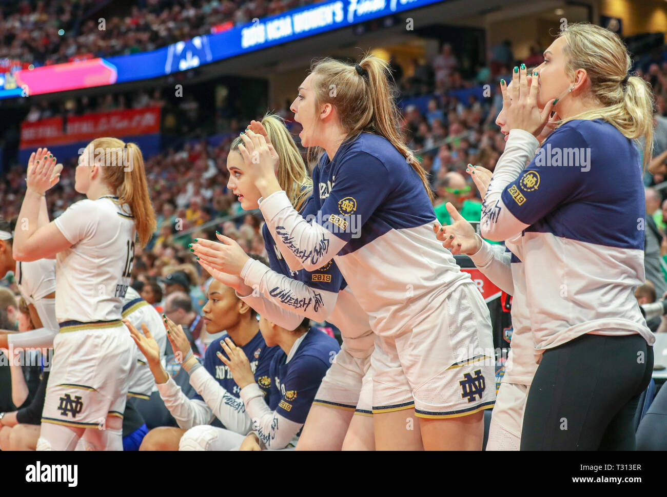 Tampa, Florida, USA. 5 Apr, 2019. DIRK SHADD | Zeiten. Notre Dame Fighting Irish Mannschaftskameraden jubeln während der zweiten Hälfte gegen die UConn Huskies während der zweiten Hälfte der letzten Vier Halbfinale Spiel NCAA Frauen Freitag, 5. April 2019 in Tampa. Quelle: Dirk Shadd/Tampa Bay Zeiten/ZUMA Draht/Alamy leben Nachrichten Stockfoto