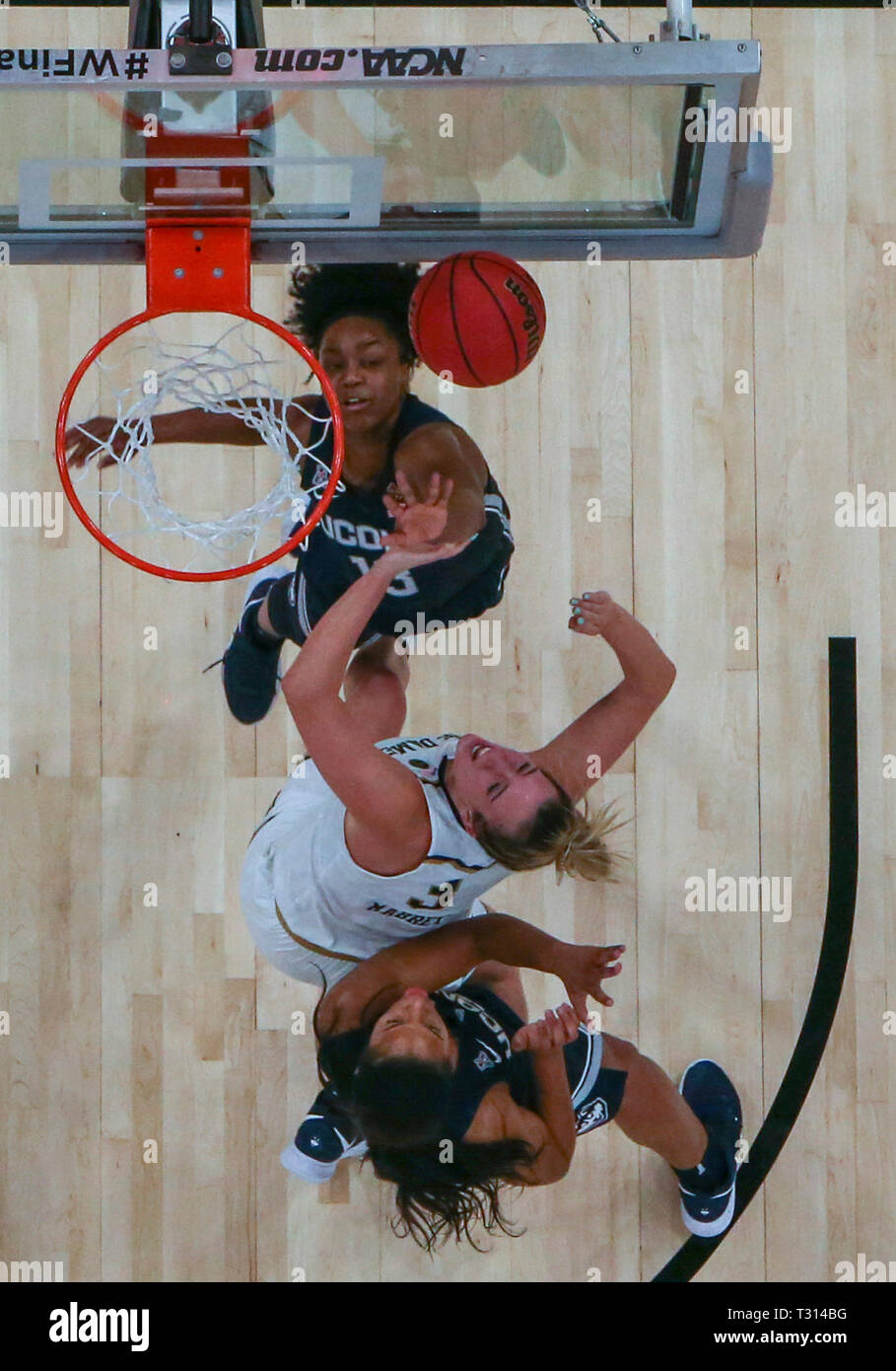 Tampa, Florida, USA. 5 Apr, 2019. DIRK SHADD | Zeiten. UConn Huskies guard Christyn Williams (13), oben, zusammen mit Notre Dame Fighting Irish guard Marina Mabrey (3), Mitte und UConn Huskies guard Megan Walker (3) vie für die Kugel während der während der zweiten Hälfte der letzten Vier Halbfinale Spiel NCAA Frauen Freitag, 5. April 2019 in Tampa zu verlieren. Quelle: Dirk Shadd/Tampa Bay Zeiten/ZUMA Draht/Alamy leben Nachrichten Stockfoto