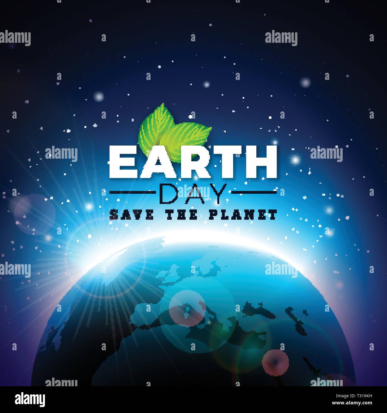 Tag der Erde Abbildung mit Planeten und grünen Blättern. Welt Karte Hintergrund Am 22. April Umwelt Konzept. Vektor Design für Banner, Poster oder Grußansage Stock Vektor