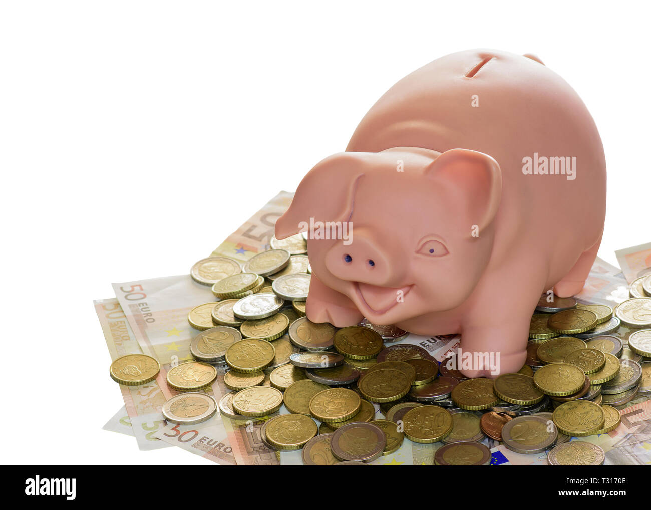 Sparschwein mit Banknoten und Münzen Stockfoto