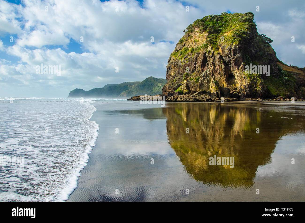 Piha Beach View mit Reflexion im Meer mit blauer Himmel mit weißen Wolken über, Northland, North Island, Neuseeland. Stockfoto