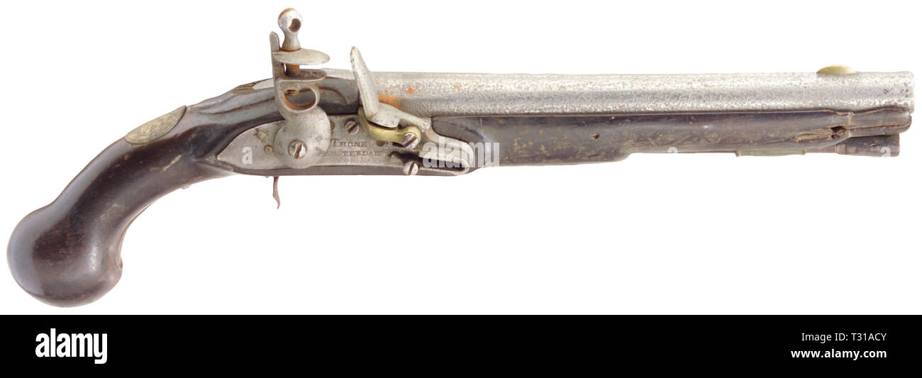 Handfeuerwaffen, Pistolen, naval flintlock Pistol, Kaliber 18 mm, Gravur "thone Amsterdam, Holland, Niederlande, Ende des 18. Jahrhunderts, Additional-Rights - Clearance-Info - Not-Available Stockfoto