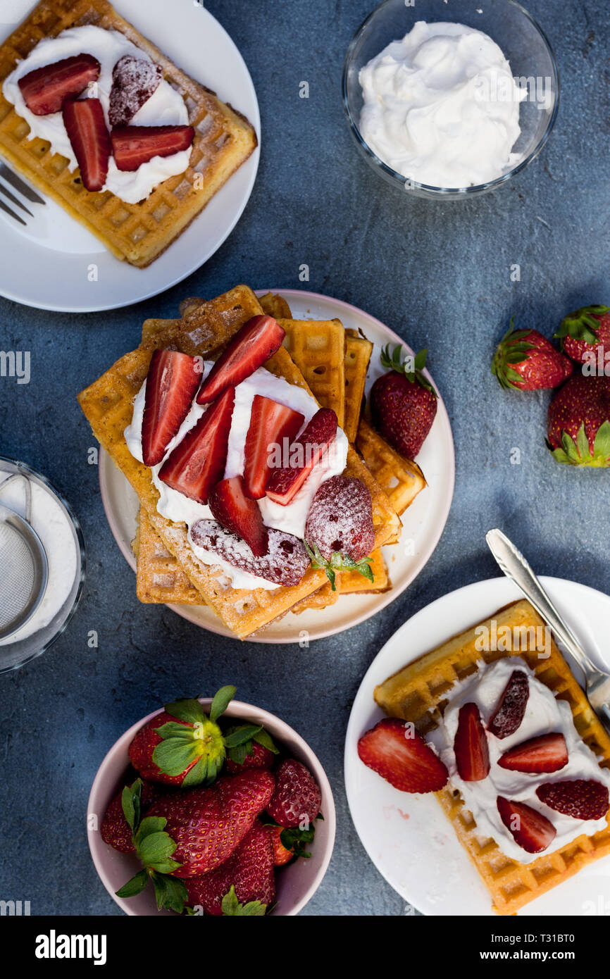 Traditionelle Belgien weichen Waffeln mit Erdbeeren und Puderzucker auf dunklem Hintergrund Stockfoto