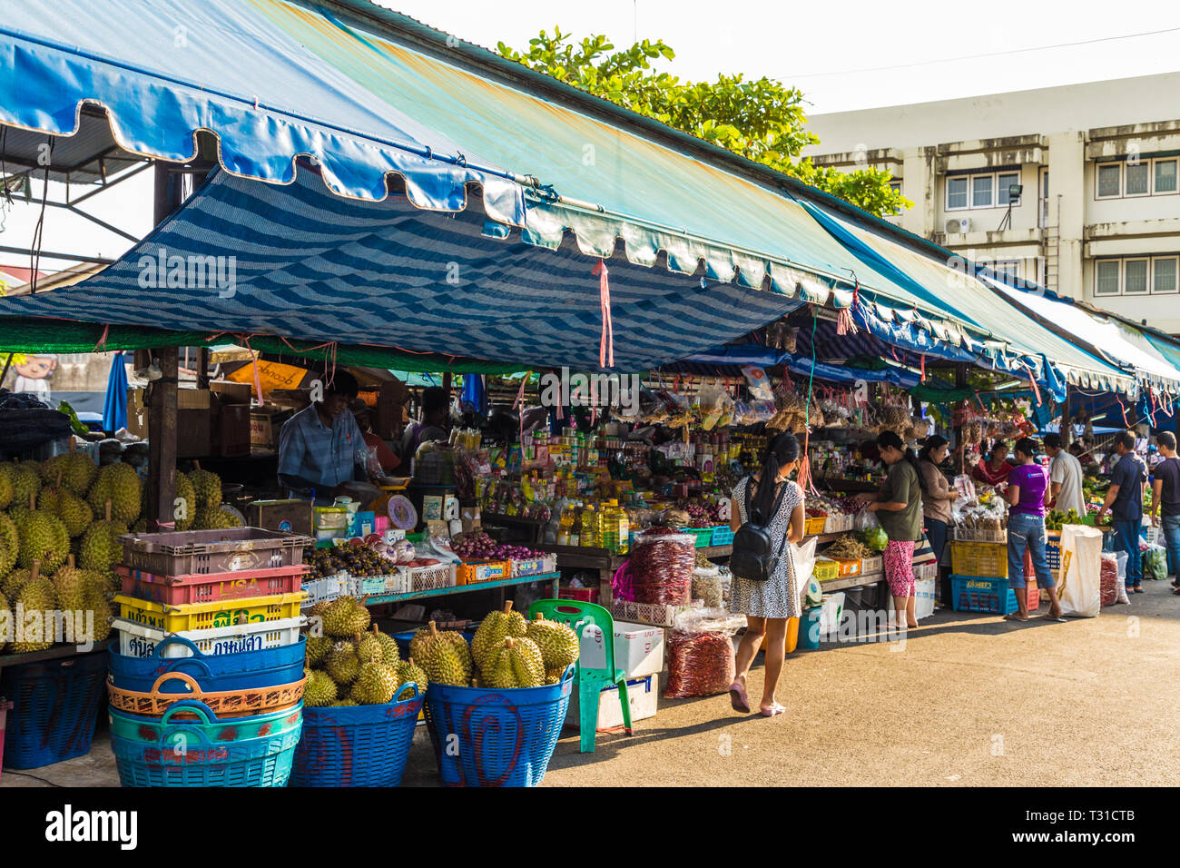 Februar 2019. Die Stadt Phuket Thailand. Ein Markt Szene an der rund um die Uhr geöffneten lokalen Obstmarkt in der alten Stadt Phuket Stockfoto