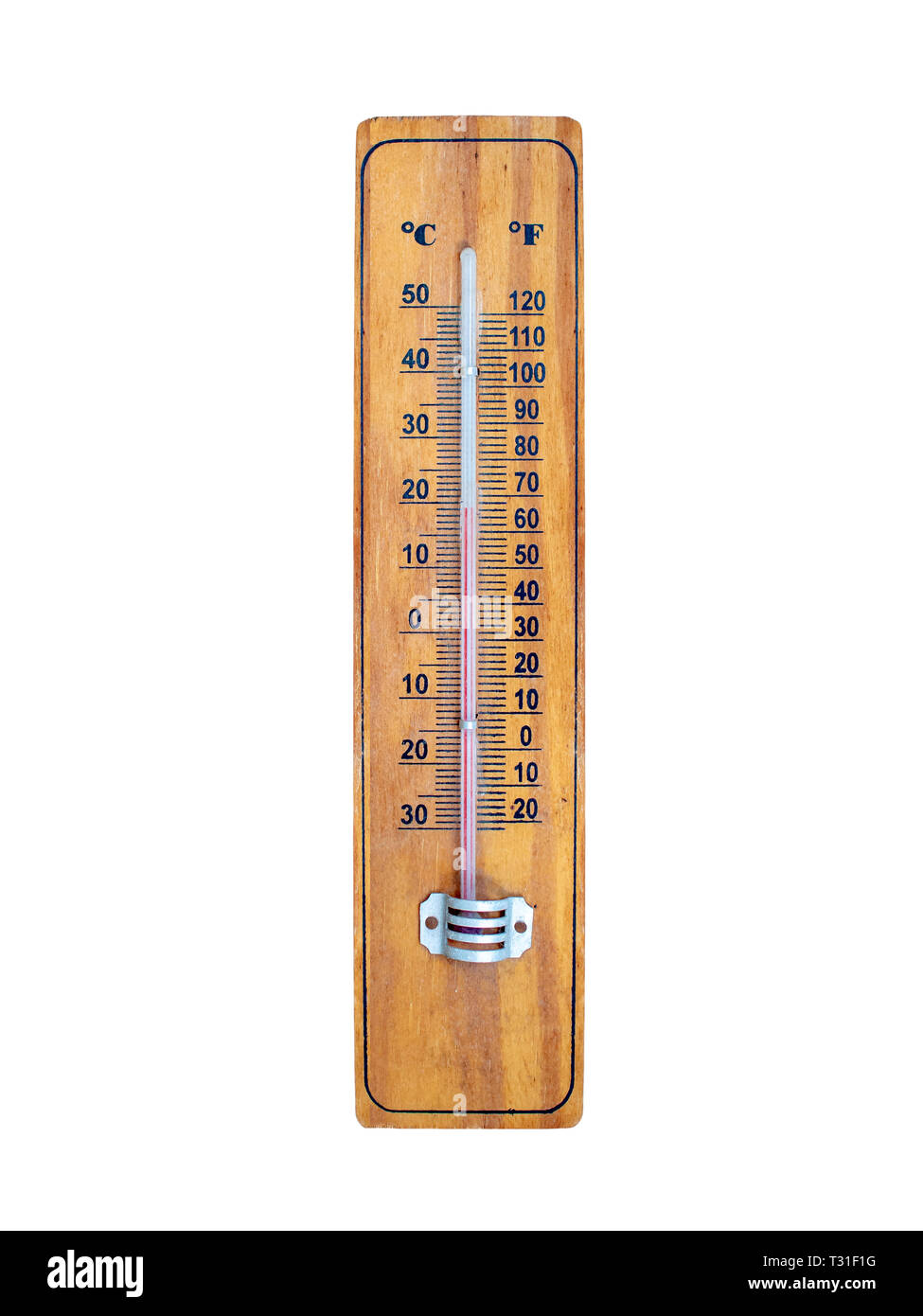 Holz- alkohol Thermometer (Geist Thermometer) mit der Celsius und Fahrenheit Skalen auf weißem Hintergrund Stockfoto