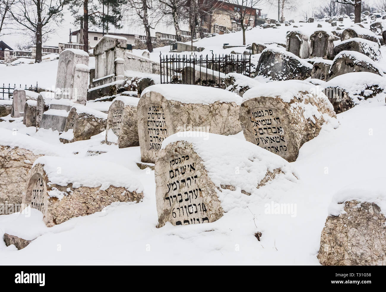 Die beschädigten OId jüdischen Friedhof während der Belagerung von