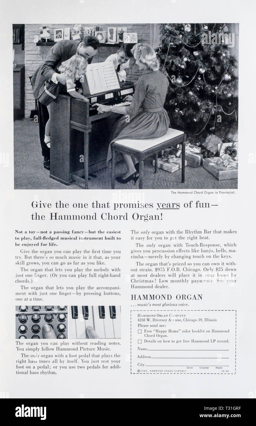 1960 Magazin Werbeanzeige Werbung Hammond Orgeln. Stockfoto
