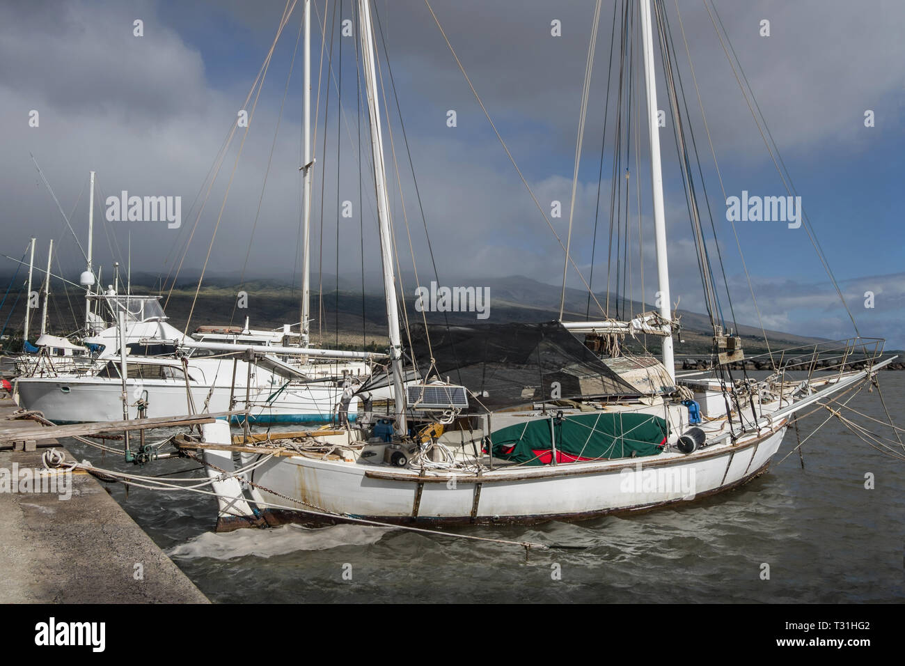 Hawaiian Fischereihafen: Eine kurze Nachmittag regen Sturm vorbei über einen kleinen Hafen in der Hawaiianischen Inseln. Stockfoto