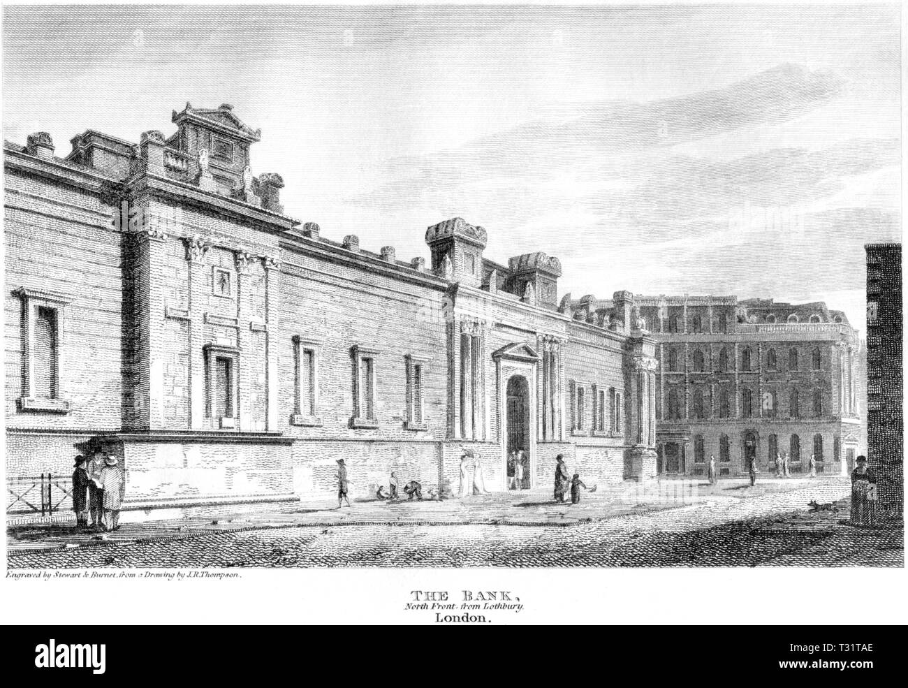 Eine Gravur der Bank,Vorne von Lothbury, London UK gescannt und in hoher Auflösung aus einem Buch 1814 veröffentlicht. Glaubten copyright frei. Stockfoto