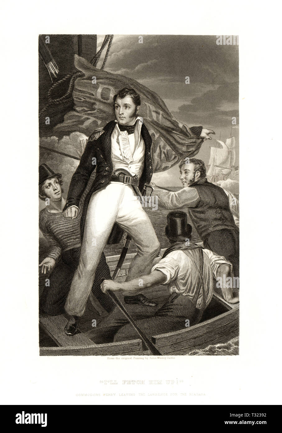 Amerikanische Geschichte Bild: Commodore Oliver Hazard Perry Aufgabe der Niagara für die Lawrence aus - Innen Bucht während der Schlacht auf dem Eriesee, Krieg von 1812 Stockfoto