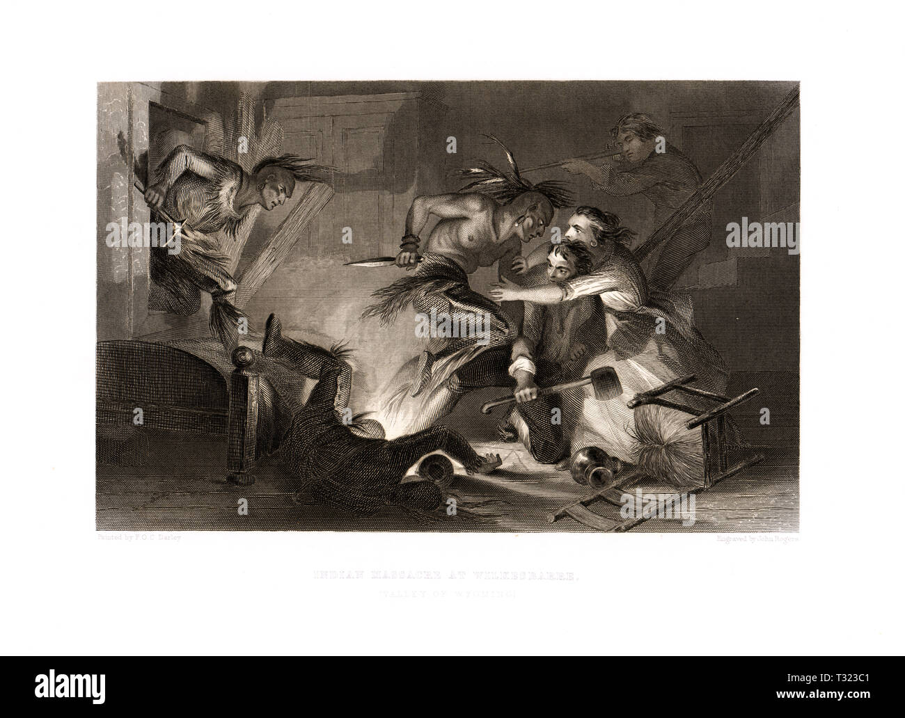 Amerikanische Geschichte Szene indischen Massaker in Wilkes-Barre, Wyoming Valley, 1778, Pennsylvania Stockfoto