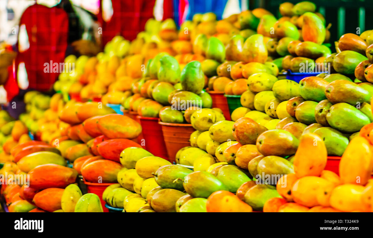 Blick auf Reife Mangos für Verkauf in einem mexikanischen Bauern markt Stockfoto