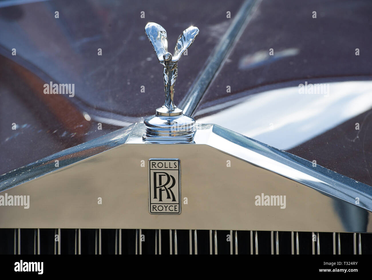 Frontgrill, Abzeichen und die Spirit of Ecstasy (Silver Lady) Motorhaube Ornament Skulptur auf Rolls-Royce Auto. Stockfoto