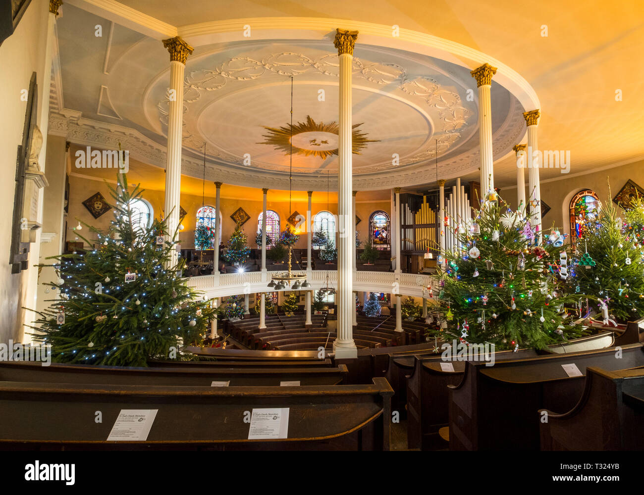 Christmas Tree Festival in St. Chad's Kirche, Shrewsbury, Shropshire, England, Großbritannien Stockfoto