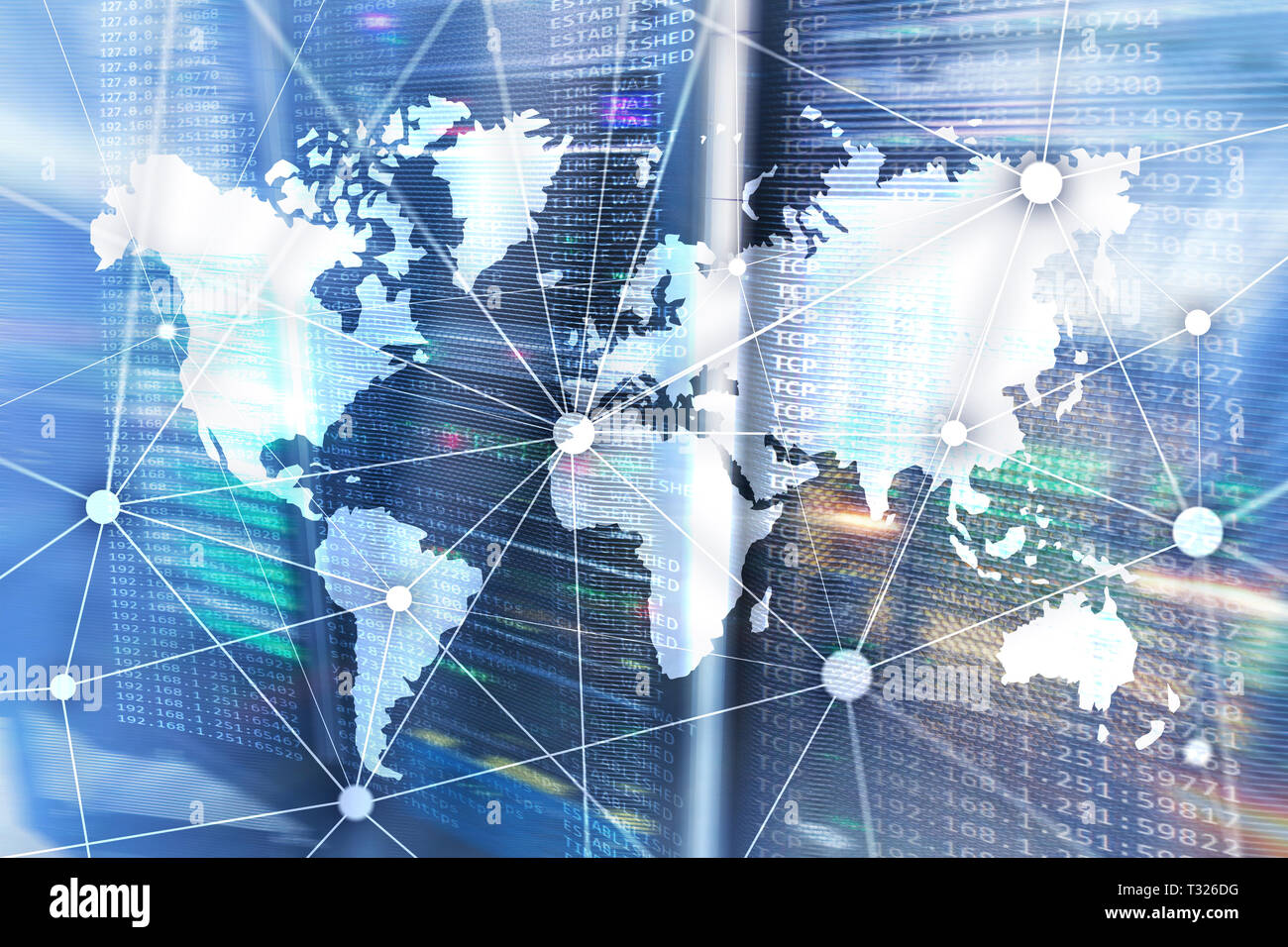 Weltkarte mit Kommunikation Netzwerk auf dem Server zimmer Hintergrund. Stockfoto