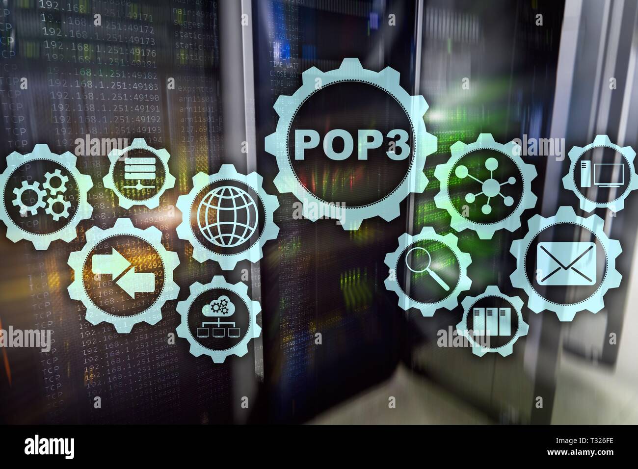 POP3. Post Office Protocol Version 3. Standard internet Protocol auf Datacenter Hintergrund. Stockfoto