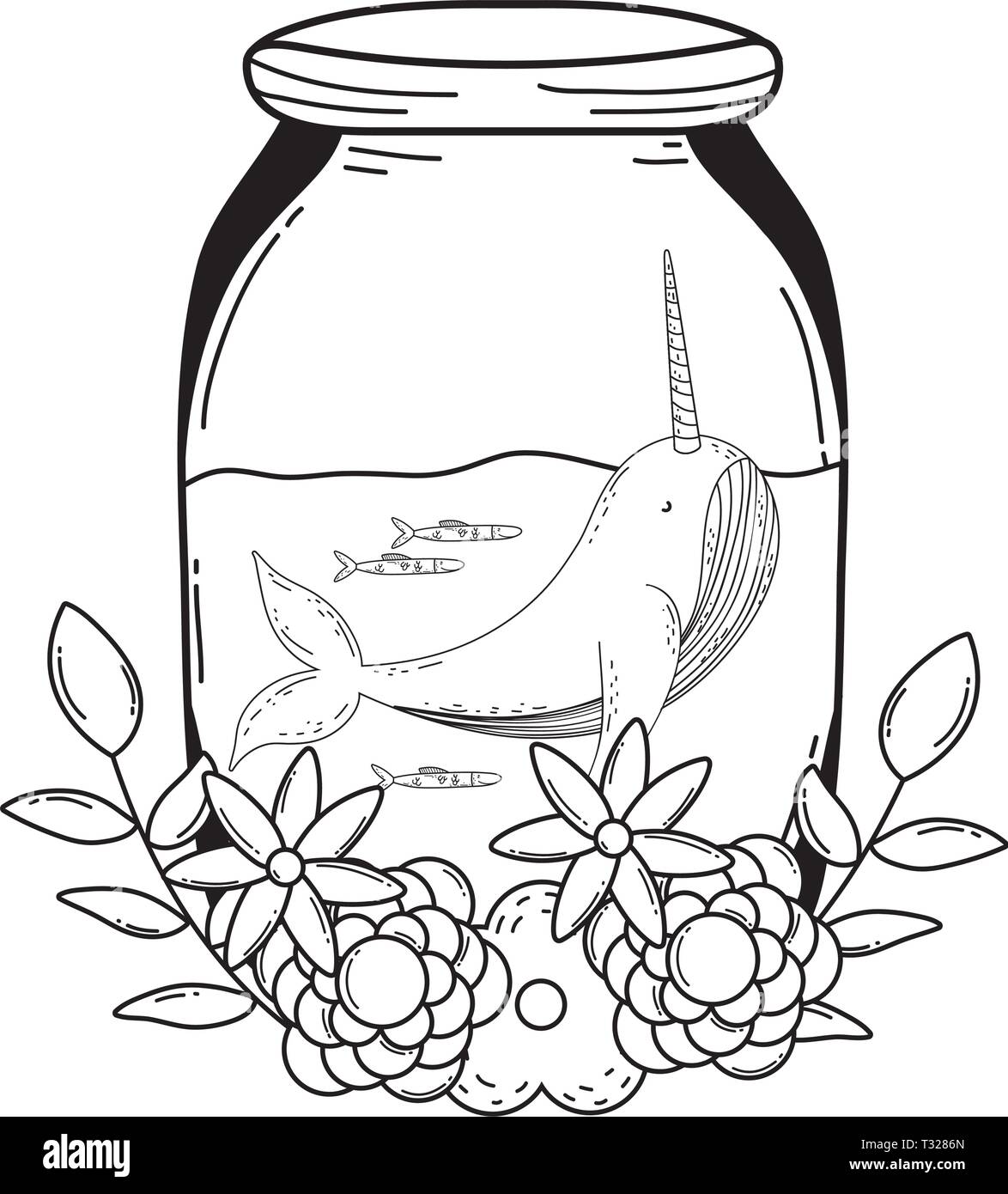 Cute narval im Marmeladenglas mit Kranz blumen Vector Illustration Design Stock Vektor