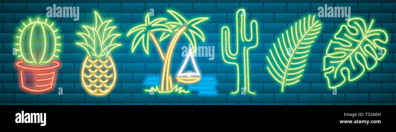 Tropische Leuchtreklamen. Cactus und Ananas, Pflanzen, Palmen und Blätter. Nacht hell Schild, sanftes Licht Banner. Sommer logo für Club oder Bar auf Stock Vektor