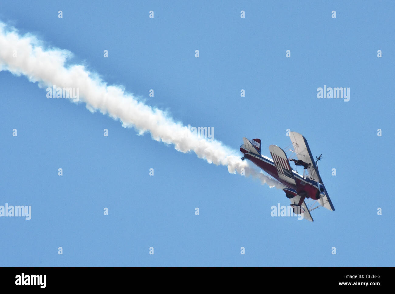 190330-N-KM 072-009 KEY WEST, Fla. (30. März 2019) Wing walker Ashley Shelton auf hängt der FM-2 Wildcat pilotiert von ihrem Ehemann, Greg, da sie sich vorbereitet auf der Oberseite der Flügel in der Luft während der 2019 südlichsten Luft spektakuläre Air Show zu klettern. Die Zweitägigen show 20.000 Zuschauer angezogen und präsentiert den Stolz und die Professionalität der US Navy. Naval Air Station Key West ist die State-of-the-art Facility für den Kampf Jagdflugzeug aller militärischen Services, bietet erstklassige pierside Unterstützung der U.S.- und ausländische Marineschiffe, und ist das Premier Training Center für die Oberfläche als auch die darunter liegende Stockfoto