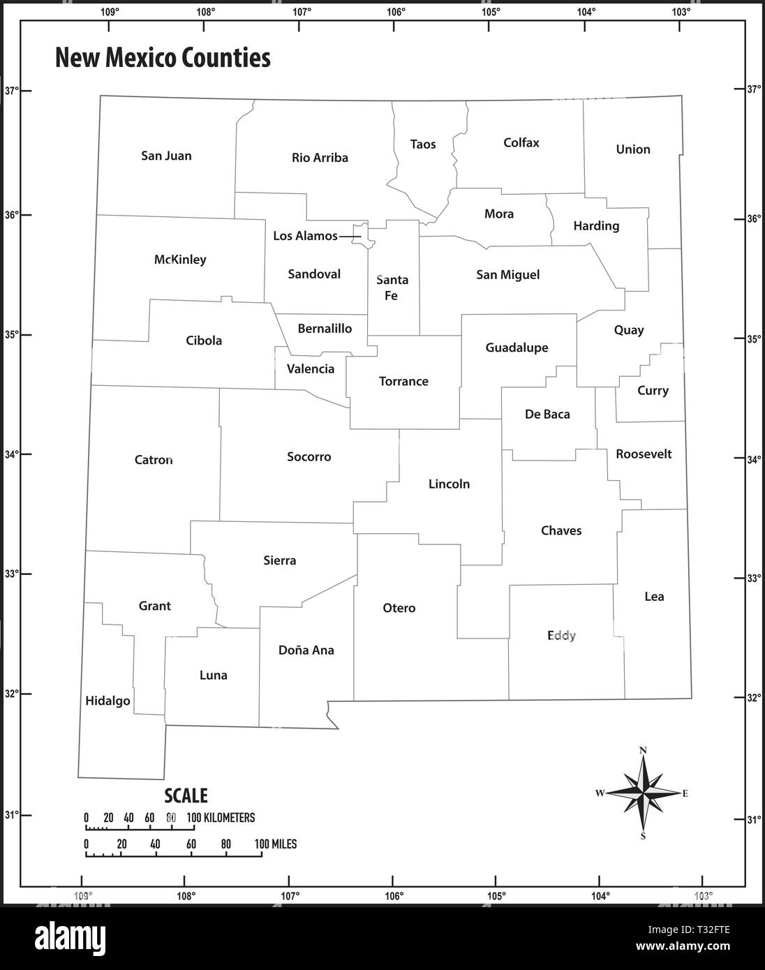 New Mexico State Umrisse administrative und politische Vektorkarte in Schwarz und Weiß Stock Vektor