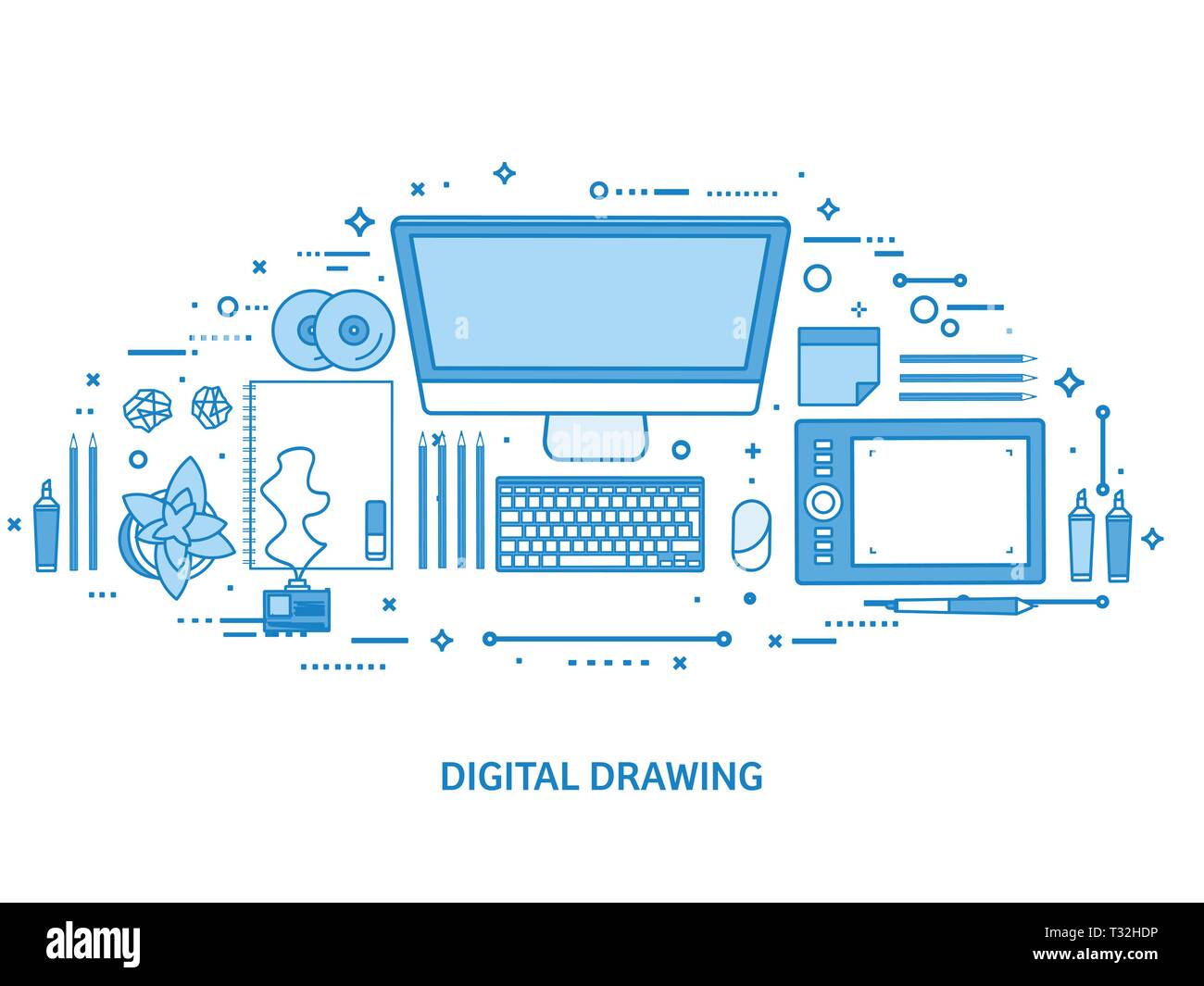 Grafik web design. Zeichnen und Malen. Benutzeroberfläche UI. Landing Page Schöpfung und Entwicklung. Flache blauer Rahmen Hintergrund. Line Art vector Illu Stock Vektor