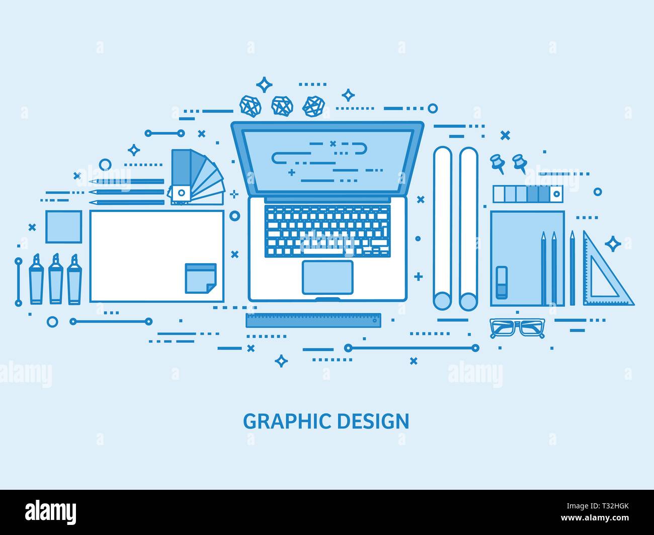Grafik web design. Zeichnen und Malen. Benutzeroberfläche UI. Landing Page Schöpfung und Entwicklung. Flache blauer Rahmen Hintergrund. Line Art Vektor Stock Vektor