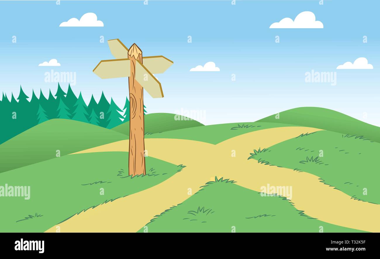 Die Abbildung zeigt einen Schnittpunkt von schmalen Landstraßen mit einem Zeiger auf einem Hintergrund von grünen Hügeln und Wäldern Stock Vektor