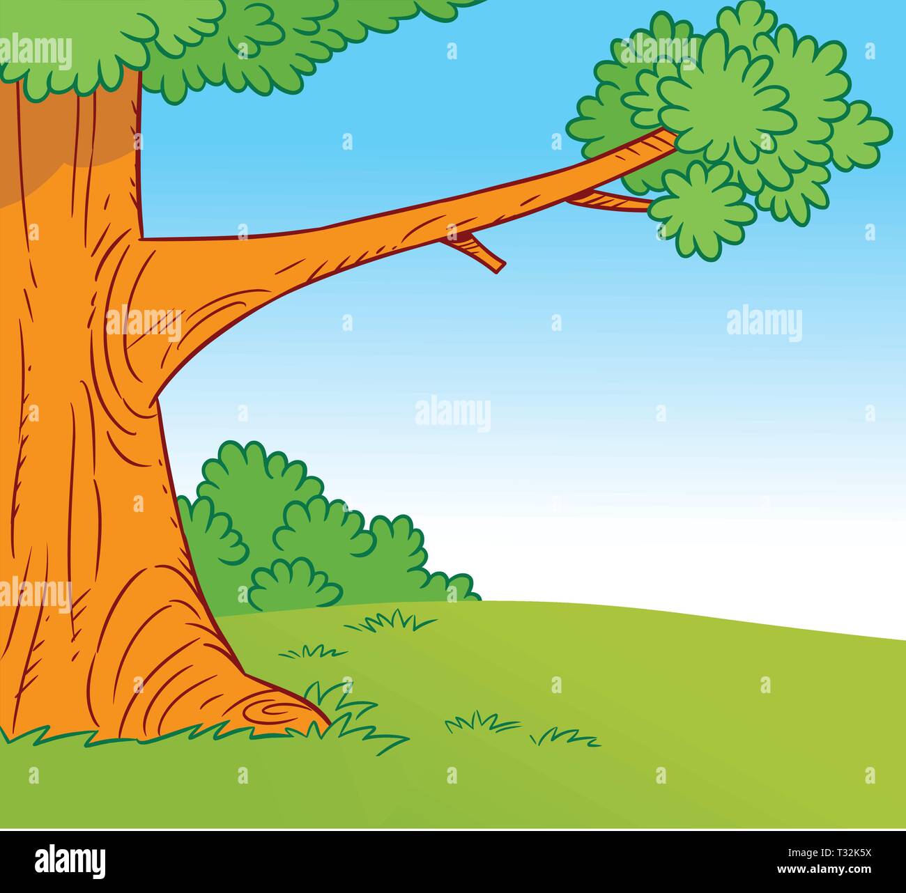Die Abbildung zeigt einen Ausschnitt aus einem großen Baum in einer Waldlichtung im Cartoon Stil Stock Vektor