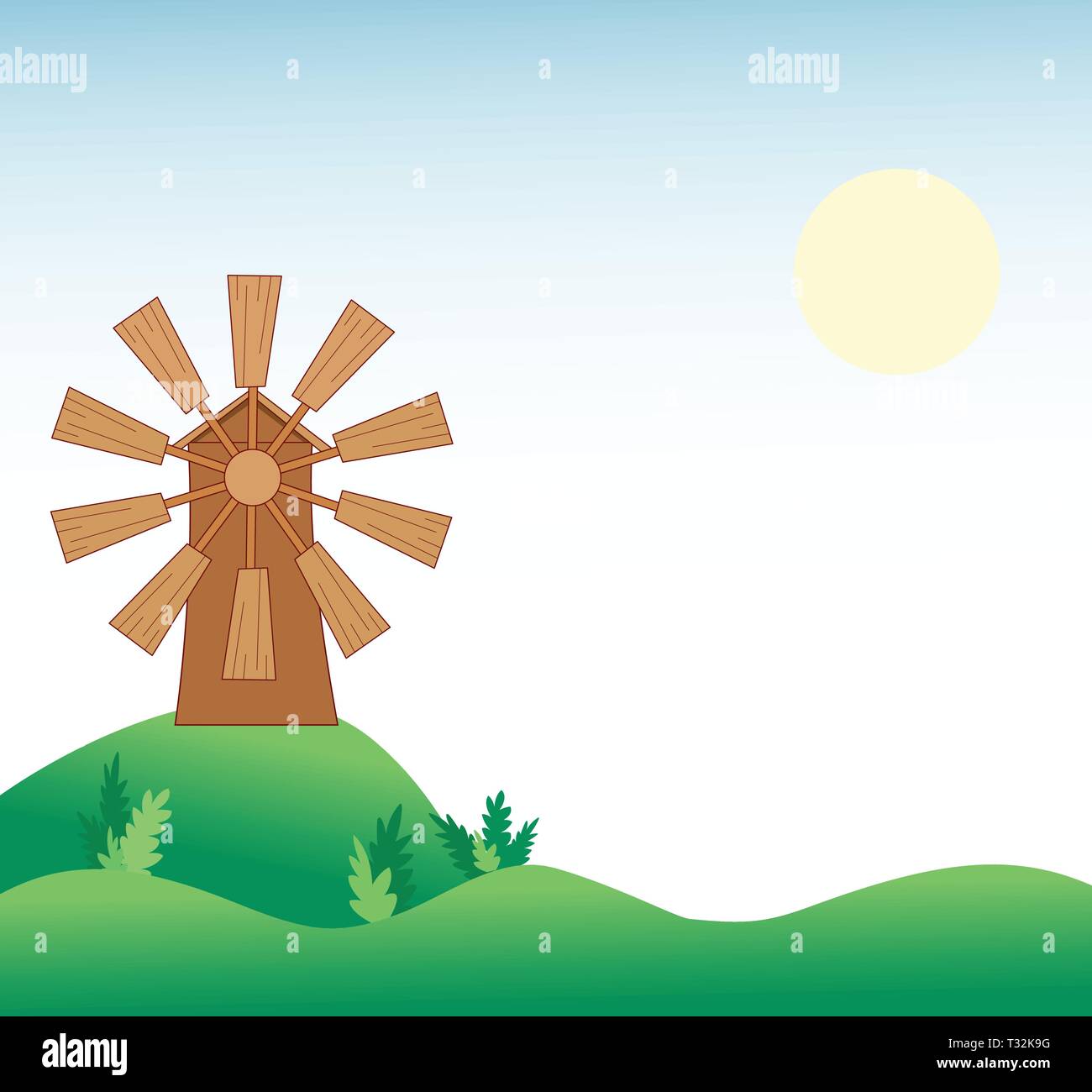 Die Abbildung zeigt die natürliche Landschaft mit einer Windmühle. Stock Vektor
