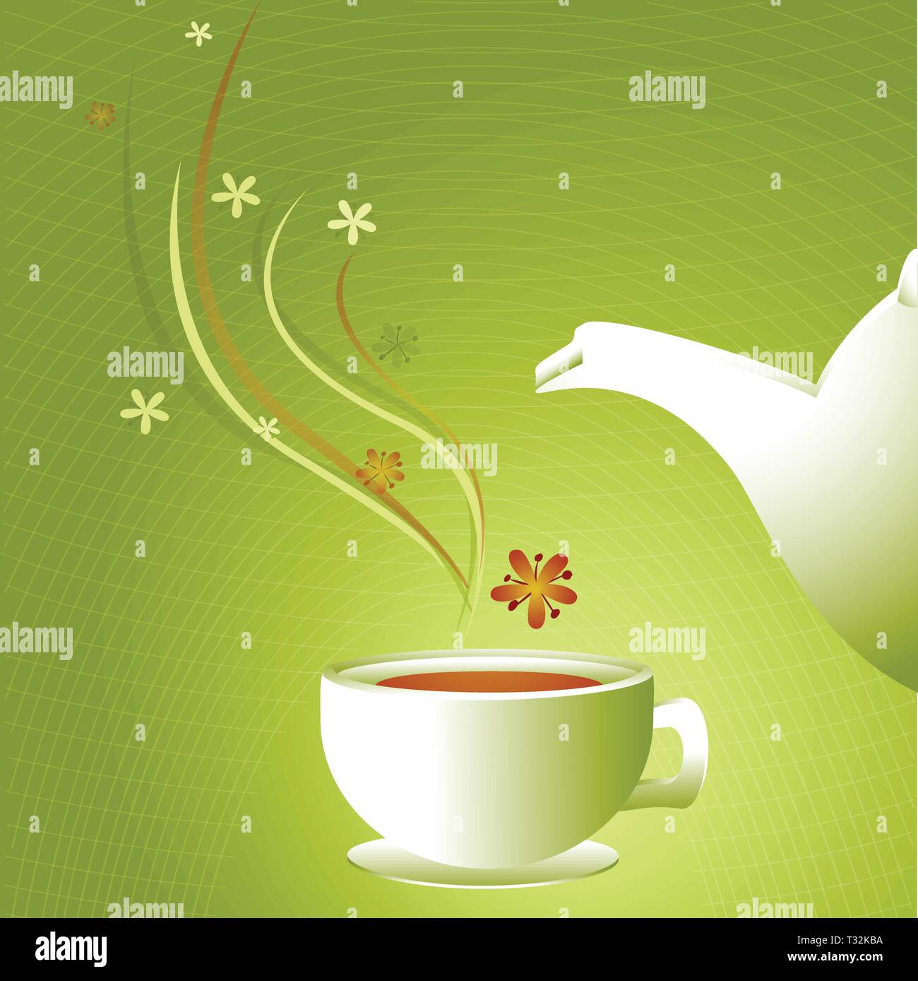 Die Abbildung zeigt eine weiße Tasse mit Tee und einem weißen Teekanne auf einem hellgrünen Hintergrund mit einem dekorativen floralen Ornament. Die Abbildung ist gemacht Stock Vektor