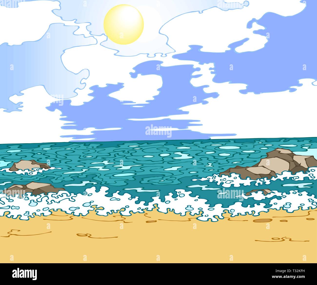 Vector Illustration Meereslandschaft mit Strand, gelben Sand und sonnigen Himmel mit weißen Wolken. Stock Vektor