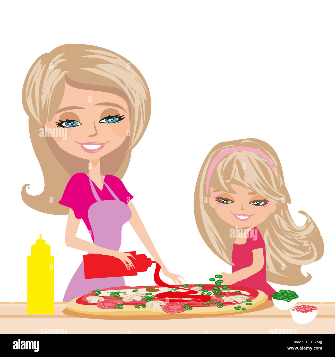 Mutter mit Tochter Pizza vorbereiten Stockfoto