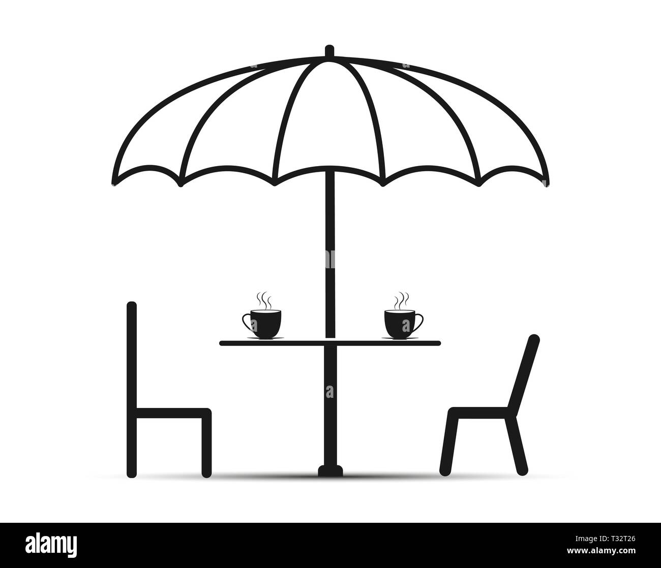 Zwei Stühle und einen Tisch unter einem Schirm. Auf dem Tisch ist zwei Becher Kaffee, flache Bauform Stock Vektor