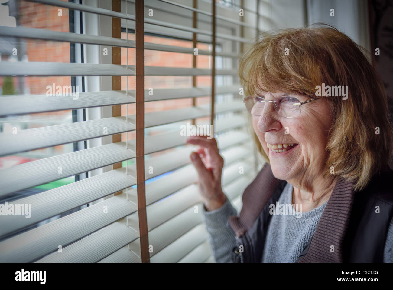 Ältere Dame Blick durch Fenster Jalousien im Hause. Stockfoto