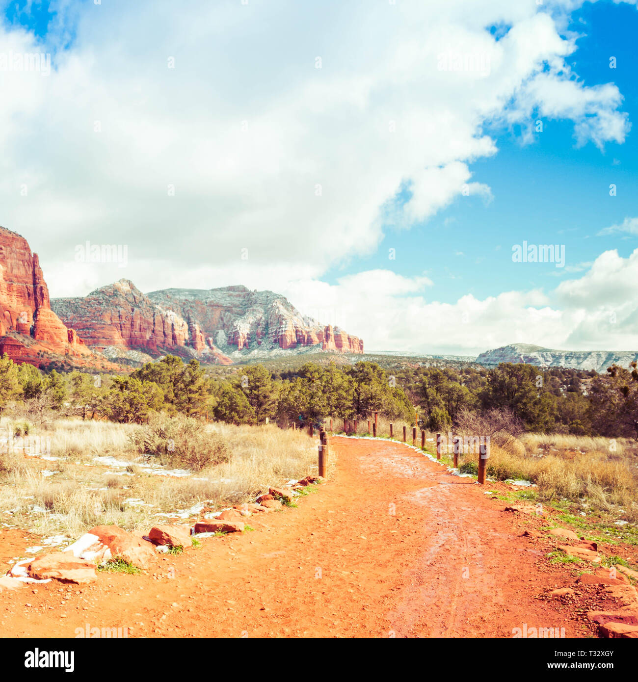 Die roten Felsen in den Bergen von Arizona mit einem roten Schmutz weg, um den Viewer zu den fernen Bergen. Die hellen geschwollene Wolken und blauer Himmel der Wilden Stockfoto