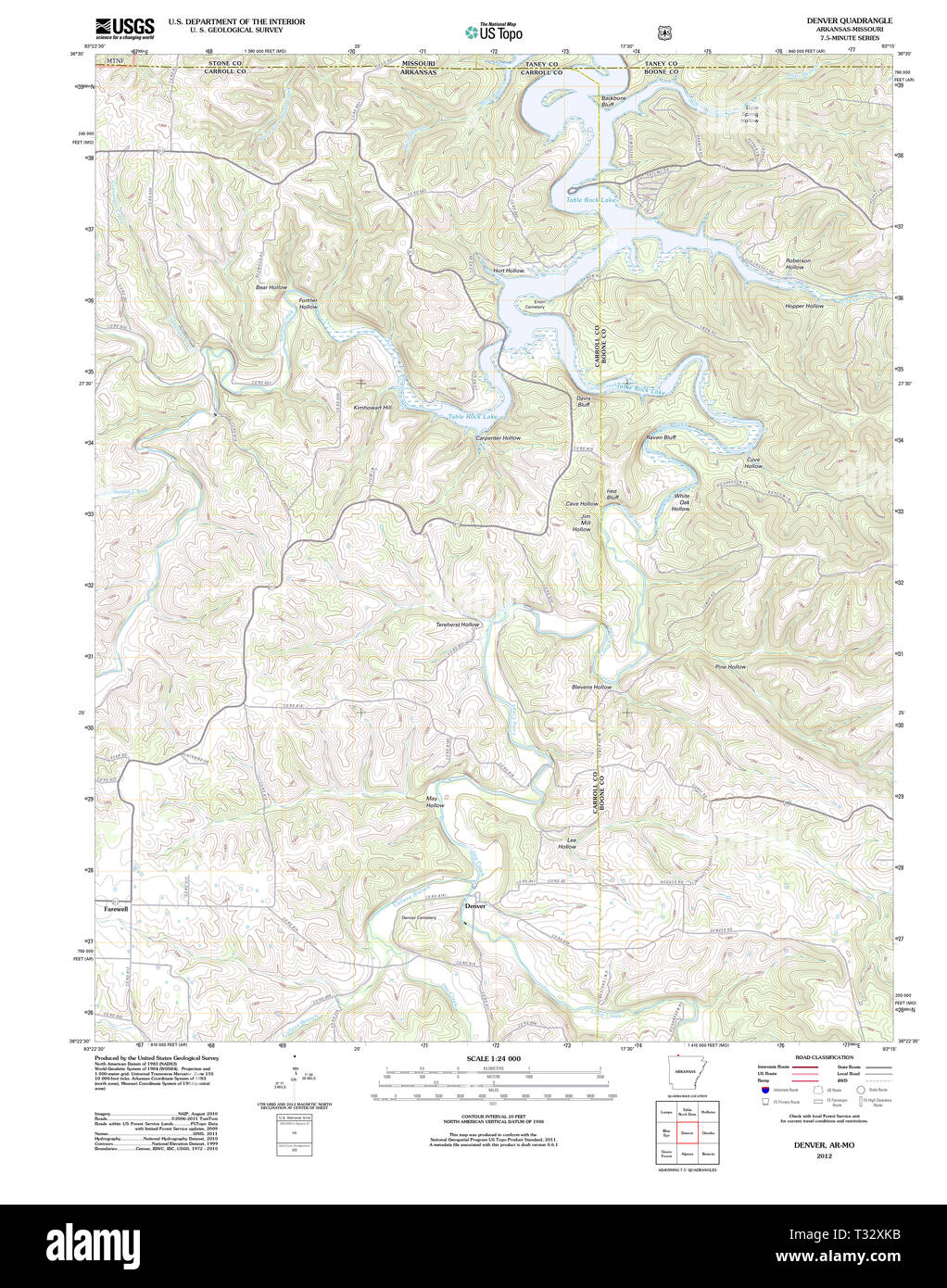 USGS TOPO Karte Arkansas AR Denver 20120105 TM Wiederherstellung Stockfoto