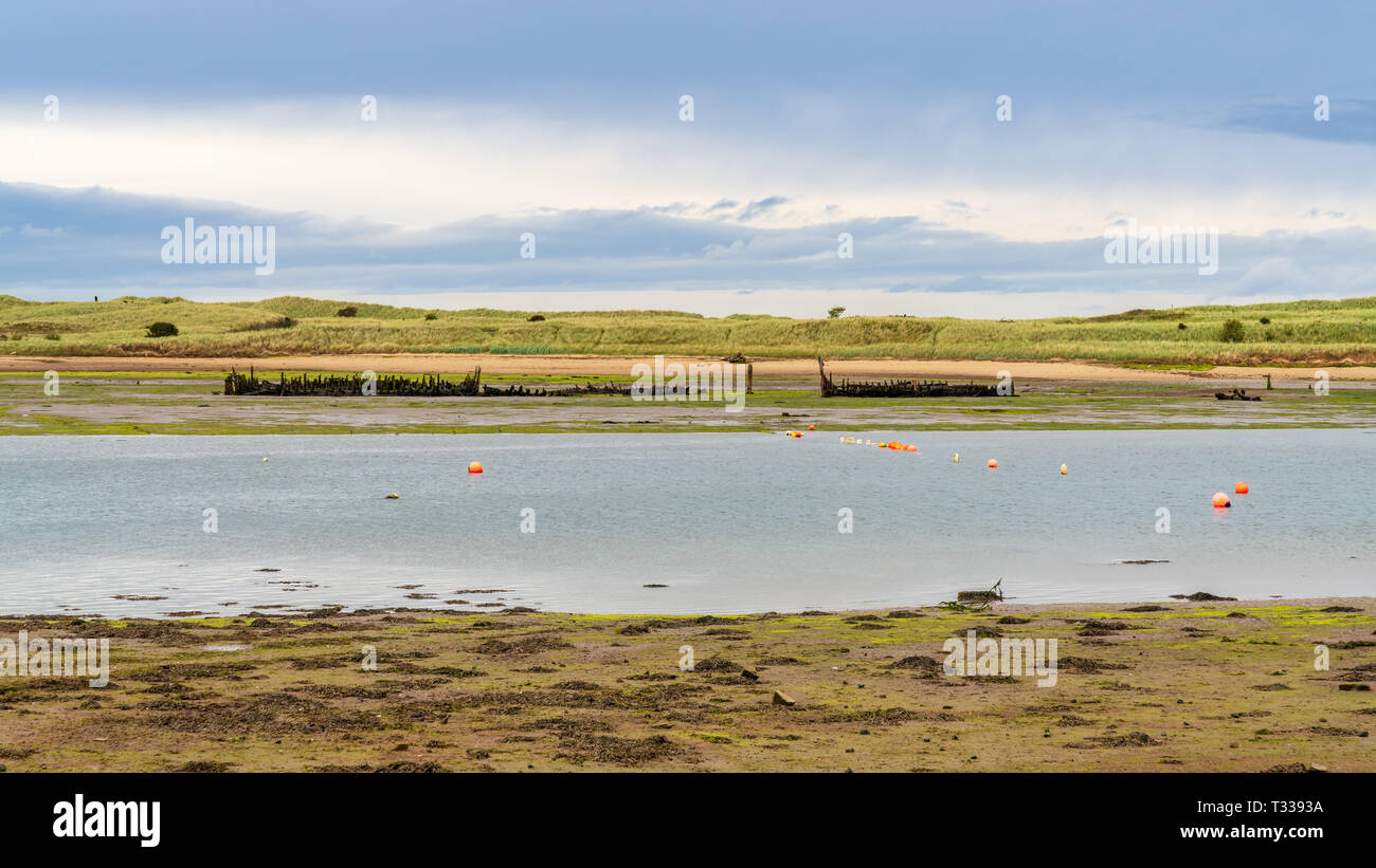 Altes Schiffswrack am Ufer des Flusses Coquet im Amble, Northumberland, England, Großbritannien Stockfoto