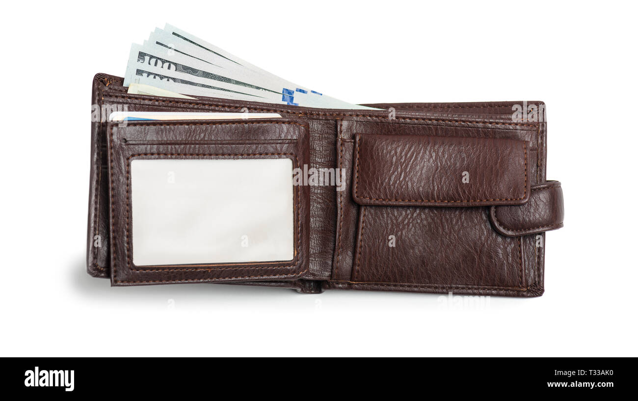 Braun Leder Brieftasche auf weißem Hintergrund öffnen. Eleganz teurer Mode Geldbeutel. Freistellungspfad Stockfoto