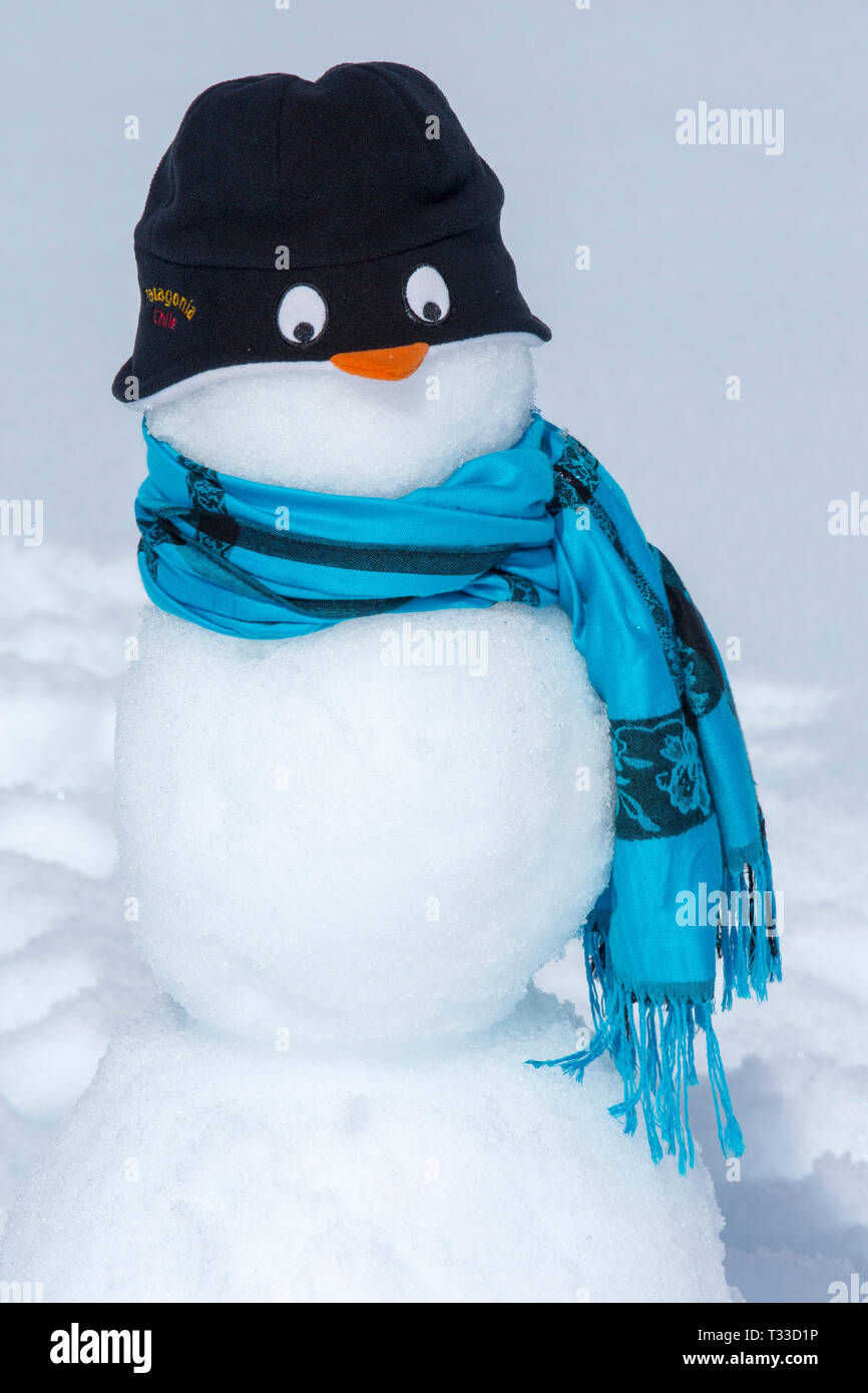 Ein Schneemann mit einem Pinguin Hut von Touristen am Hafen Charcot, Wilhelm Archipel, Antarktische Halbinsel. Stockfoto