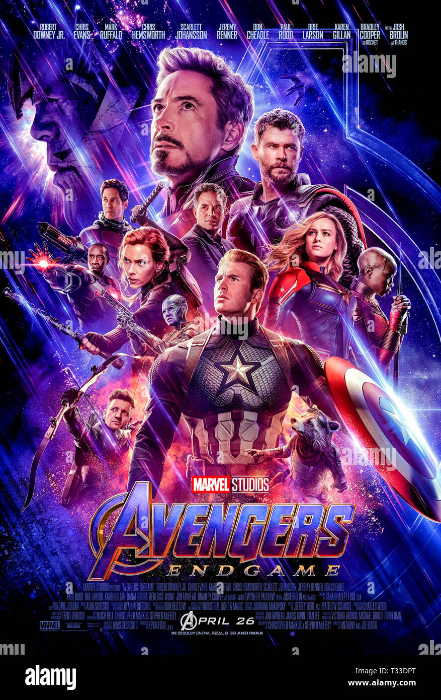 Avengers: Endgame (2019) unter der Regie von Anthony und Joe Russo, Hauptdarsteller Bradley Cooper, Brie Larson, Chris Hemsworth ist. Epische Abschluss und 22 Film in der Marvel filmischen Universum Stockfoto