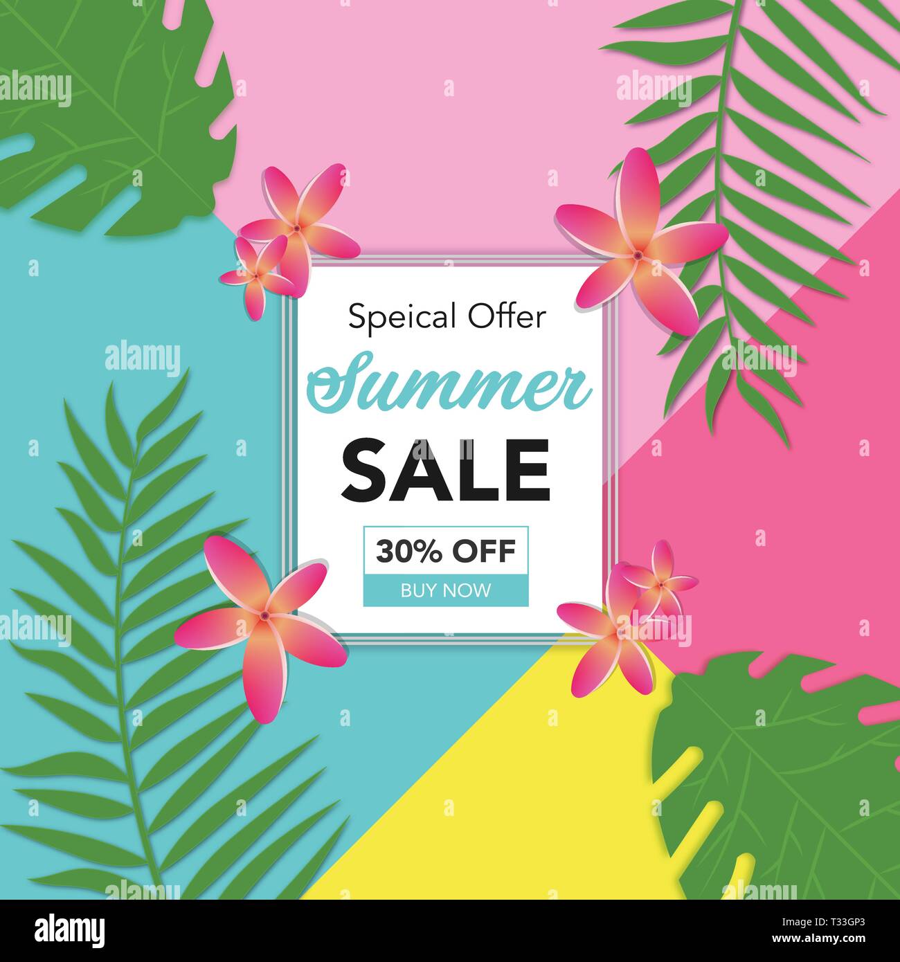 Abstrakte Summer Sale Hintergrund mit Palmenblättern und schöne Blume. Summer Sale banner Vorlage für soziale Medien, Internet, Banner, Flyer, Broschüre. Stock Vektor