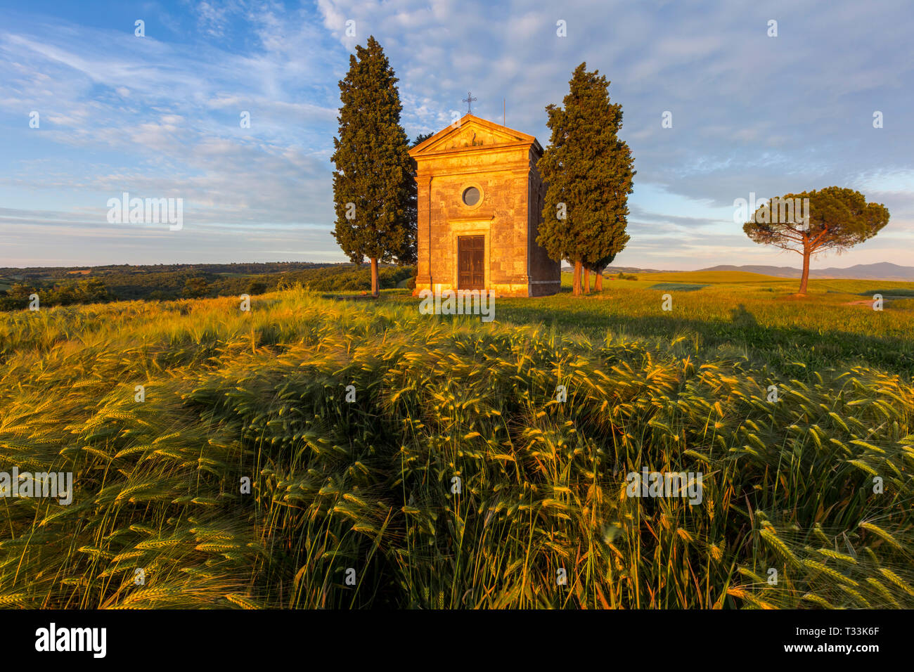 Kapelle Unserer Lieben Frau von Vitaleta bei Sonnenuntergang Stockfoto