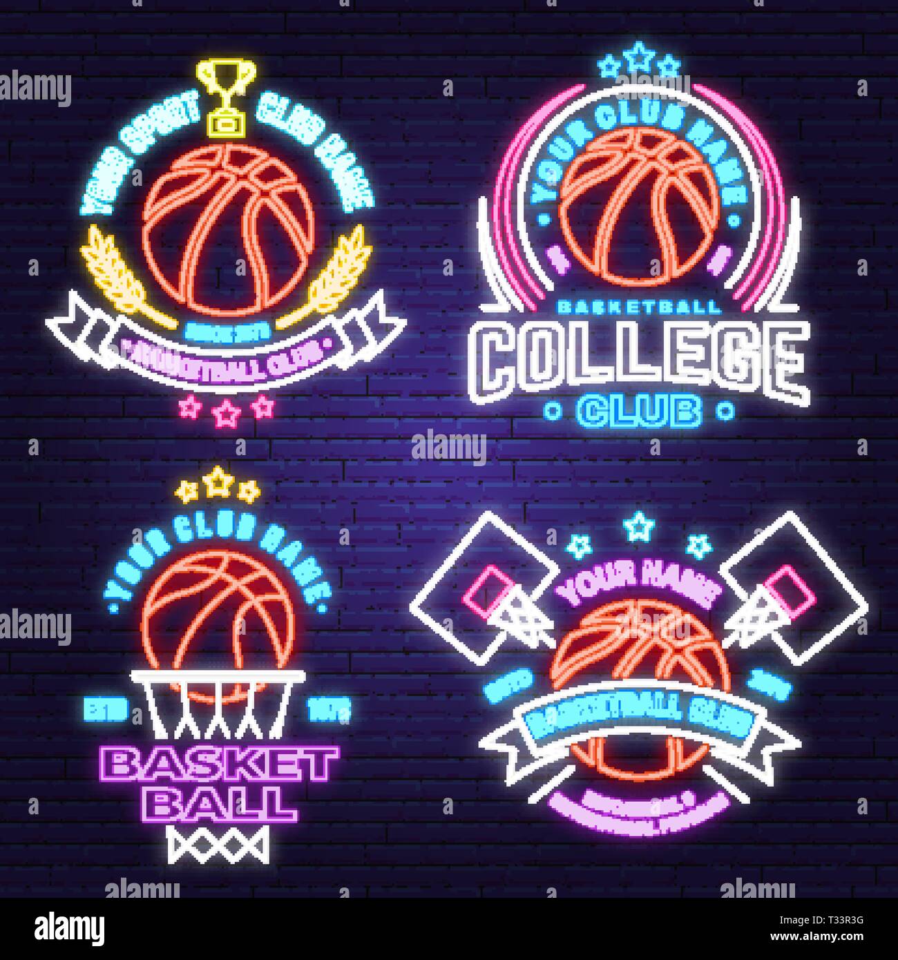 Satz von Basketball Club neon Design oder Emblem. Vektor. Grafik Design für t-shirt, T-Stück, Drucken oder Bekleidung. Vintage Typografie Design mit Basketball hoo Stock Vektor