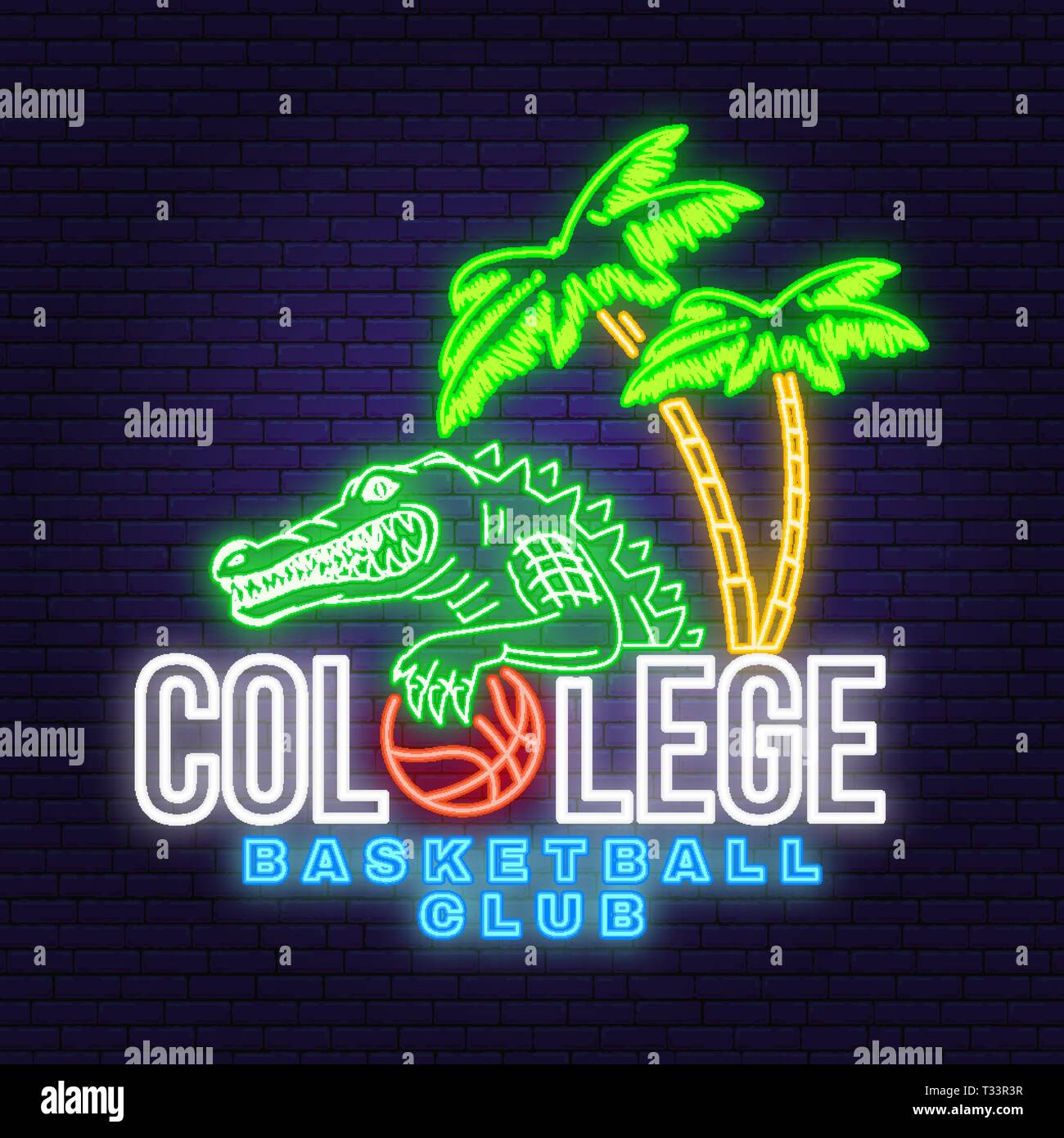 Basketball College neon Design oder Emblem. Vector Illustration. Konzept für T-Shirt, Druck, Stempel oder T-Stück. Vintage Typografie Design mit Krokodil- und Ba Stock Vektor