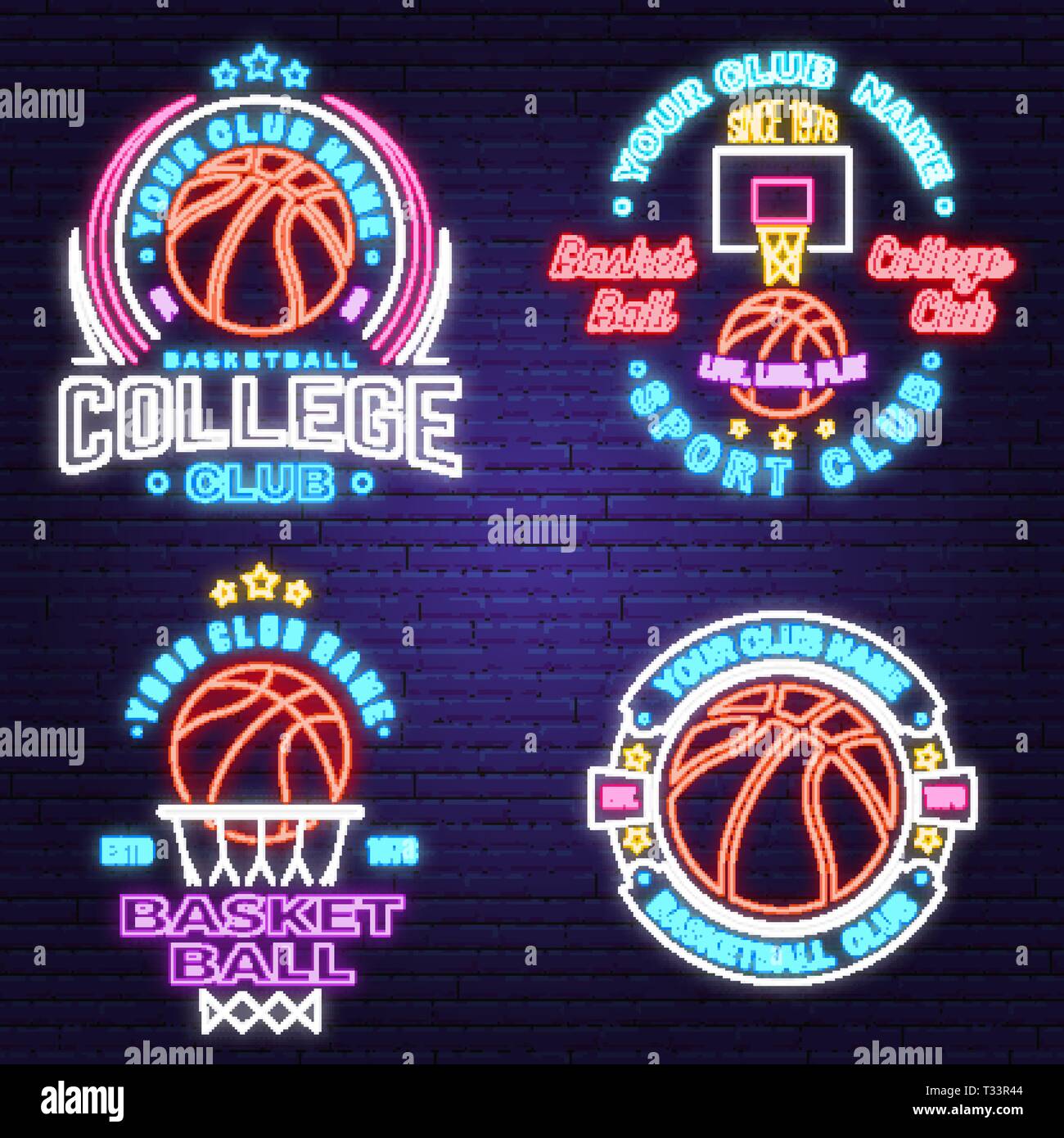 Satz von Basketball Club neon Design oder Emblem. Vektor. Grafik Design für t-shirt, T-Stück, Drucken oder Bekleidung. Vintage Typografie Design mit Basketball hoo Stock Vektor