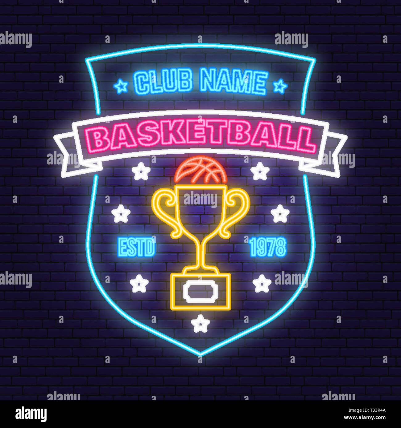 Basketball Sport Club Abzeichen neon Design oder Emblem. Vektor. Konzept für T-Shirt, Druck, Stempel oder T-Stück. Vintage Typografie Design mit Auszeichnung Cup und Korb Stock Vektor