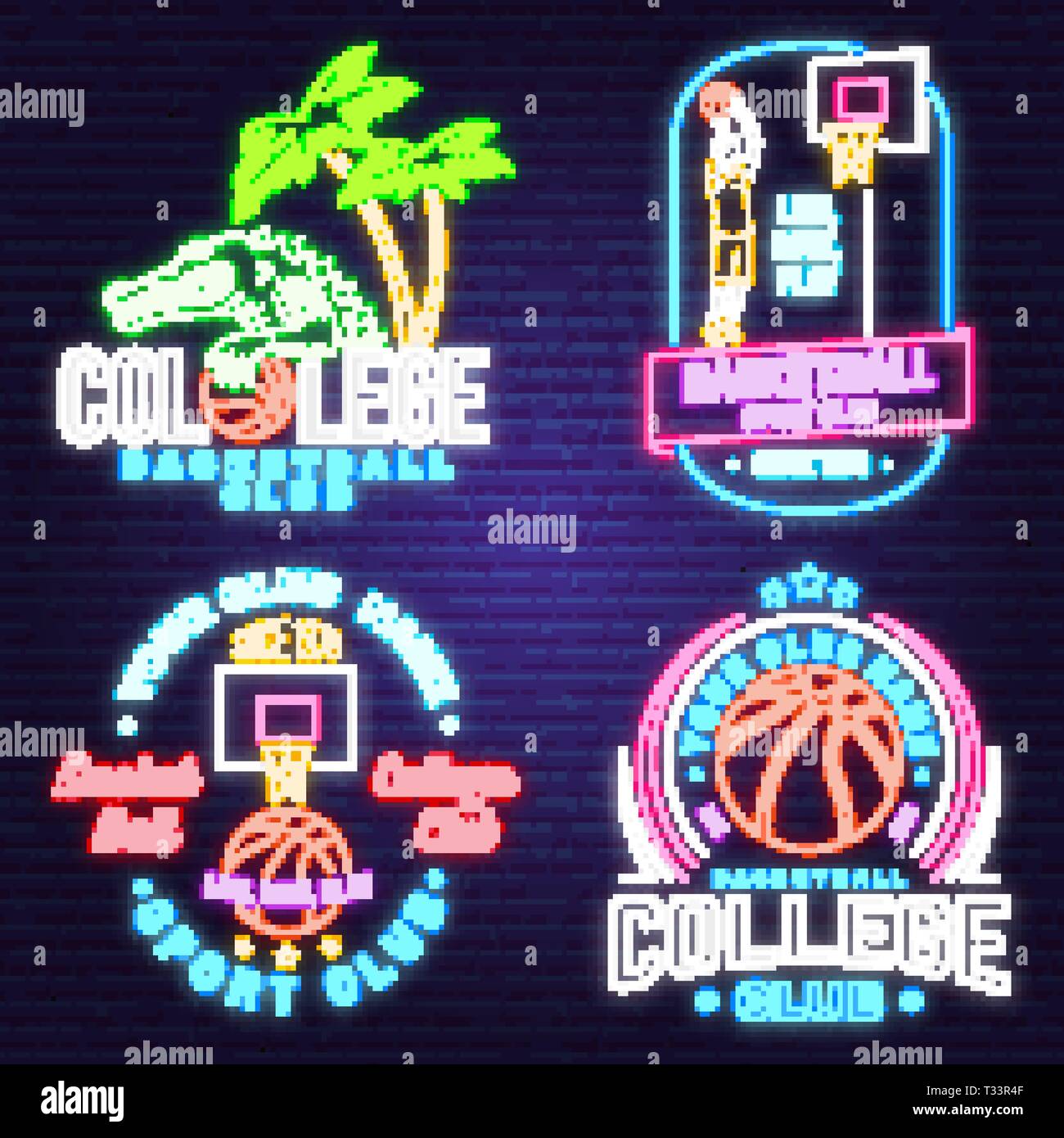 Satz von Basketball Club neon Design oder Emblem. Vektor. Grafik Design für t-shirt, T-Stück, Drucken oder Bekleidung. Vintage Typografie Design mit Basketball hoo Stock Vektor