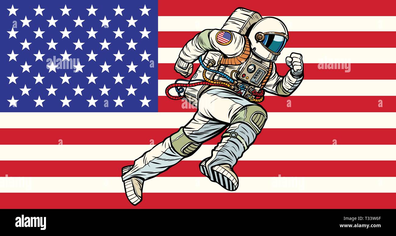 Amerikanische astronaut Patriot läuft nach vorne. USA-Flagge. Pop Art retro Vektor illustration Vintage kitsch Stock Vektor